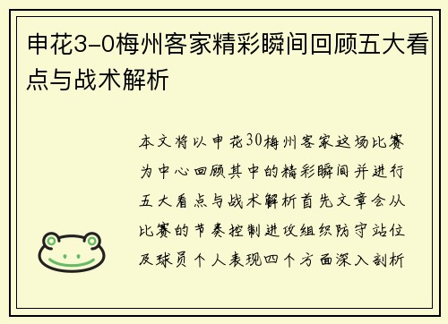 申花3-0梅州客家精彩瞬间回顾五大看点与战术解析