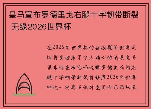 皇马宣布罗德里戈右腿十字韧带断裂 无缘2026世界杯 皇马宣布罗德里戈右腿十字韧带断裂 无缘2026世界杯